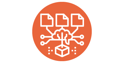 Stylized diagram of documents, dots, and boxes connected to a brain