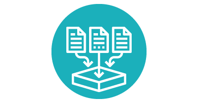 Stylized diagram of documents with arrows pointing into a box